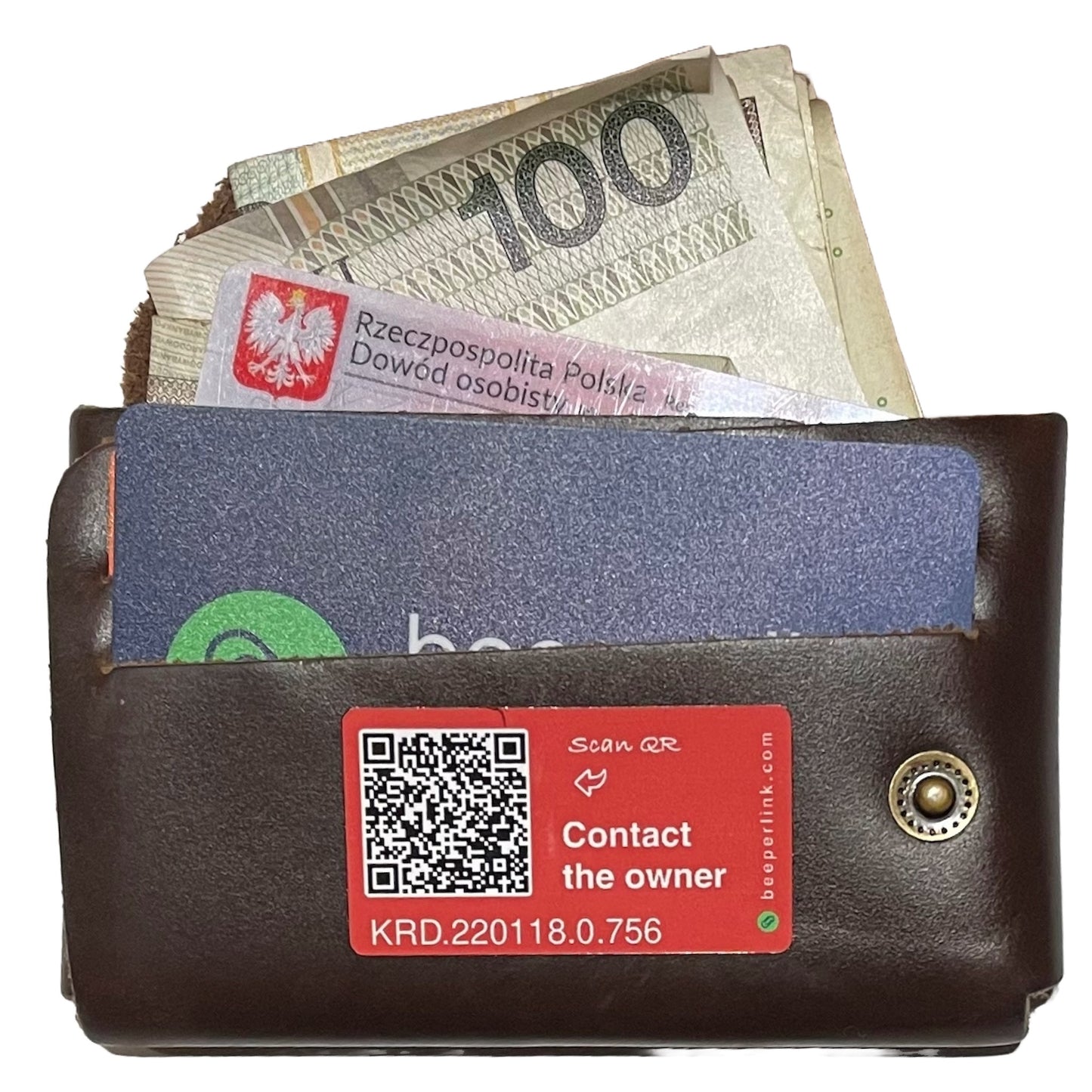 Tag QR Beeperlink na naklejkę, umożliwiający anonimowe powiadomienie o zagubionym portfelu. To jest przykład zastosowania Beeperlink do ochrony Twoich ważnych rzeczy 